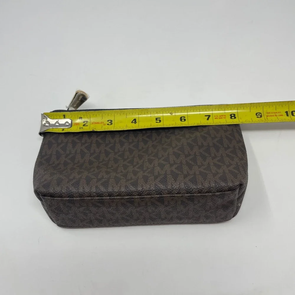 Michael Kors Brown Signature Logo Cosmetic Pouch Black Leather Trim Gold HW